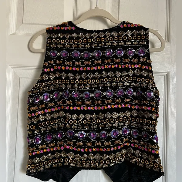 Vintage Niteline Della Sequin Beaded Notched Vest Top Glam size M Silk - Image 7