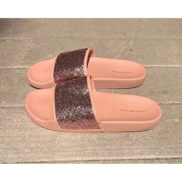 Stuart Weitzman Pink Glitter Slide Sandals Womens 9 Rose Gold Sparkle Flat Shoes - Image 2