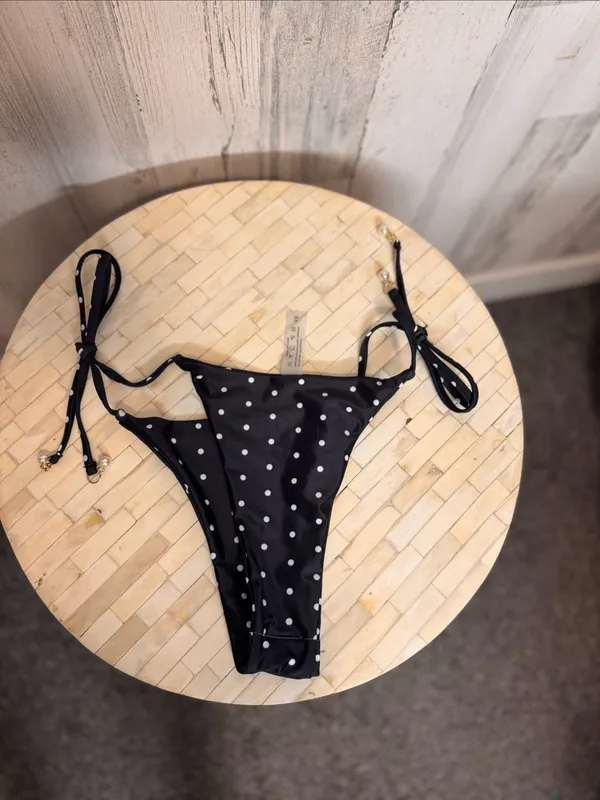SheIn Polka Dot Side Tie Cheeky Bikini Bottoms Womens XS Black White Faux Pearl Charms - Image 2
