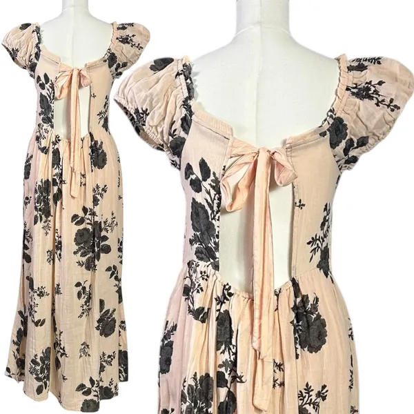 Free People Dainty Bohemian Gauze Forget Me Not Floral Midi Dress Blush Large - Image 12