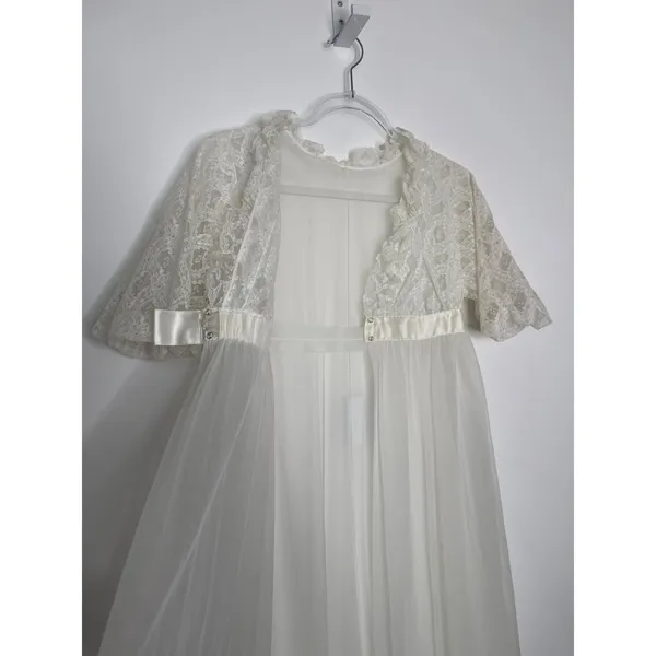 American Vintage 1970s Ivory Lace Chiffon Bridal Robe Gown Unbranded Small P - Image 10