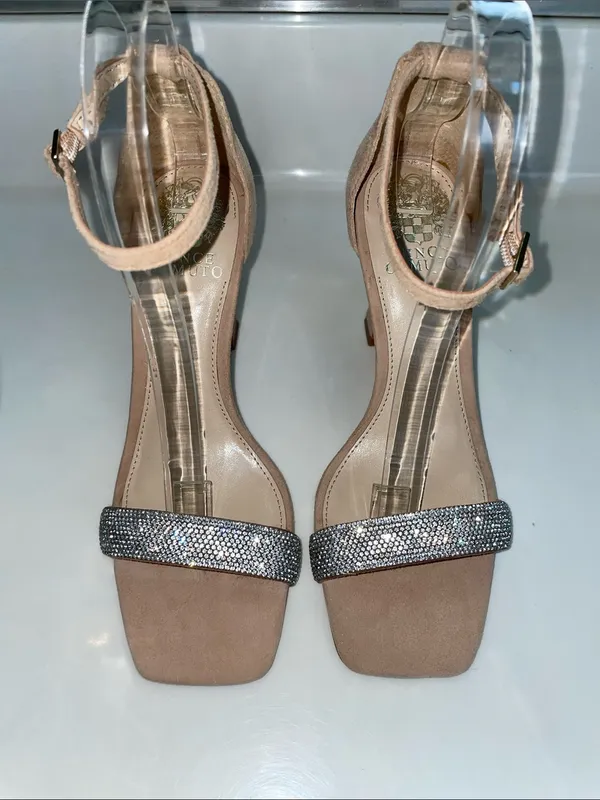 Vince Camuto Women’s Suede Leather Tan Rhinestone Embellished Square Toe Heels - Image 2