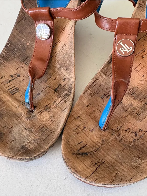 Lauren Ralph Lauren Flip Flops Ankle Strap Cork Wedge Sandals Womens Size 6 Blue - Image 4