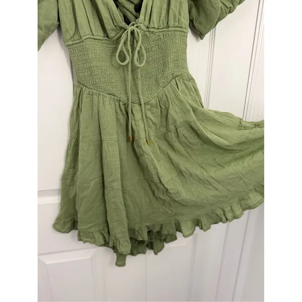Free People Perfect Day Cotton Mini Dress Womens Medium Olive Green Deep V Neck - Image 4