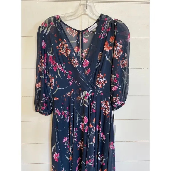 Calvin Klein Navy Blue Floral Chiffon High Low‎ Maxi Dress 4 NWT Wedding Guest - Image 9