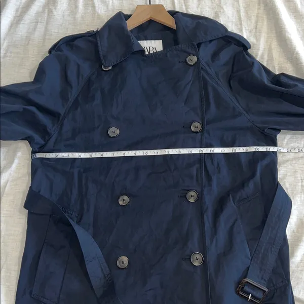 Zara Belted Trench Coat Double Breasted Long Navy Blue Size‎ Small - Image 6