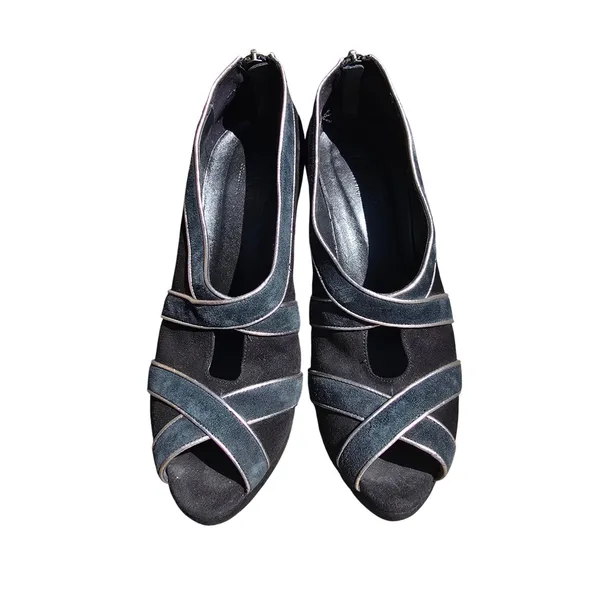 J. Crew Collection Black Teal Suede Peep Toe Platform‎ Heels Made in Italy 8.5 - Image 3
