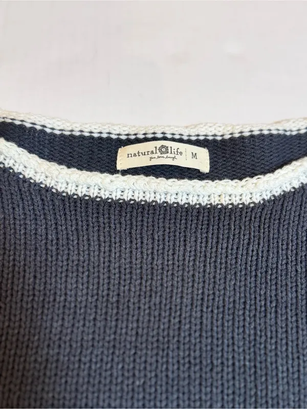 Natural Life Navy Blue Open Knit Sweater M Oversized Boho Crochet Trim Boat Neck - Image 3