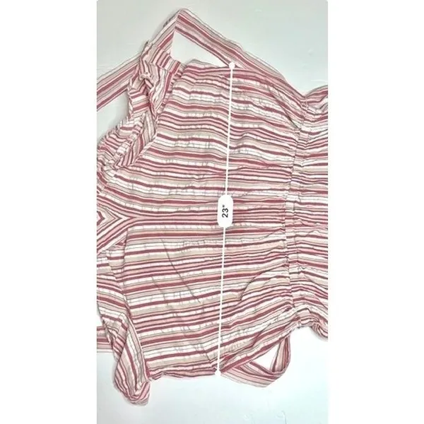 Loft Candy Stripe Romper LARGE Ruffled Sleeves Boat Neck Red Pink Tan - Image 6
