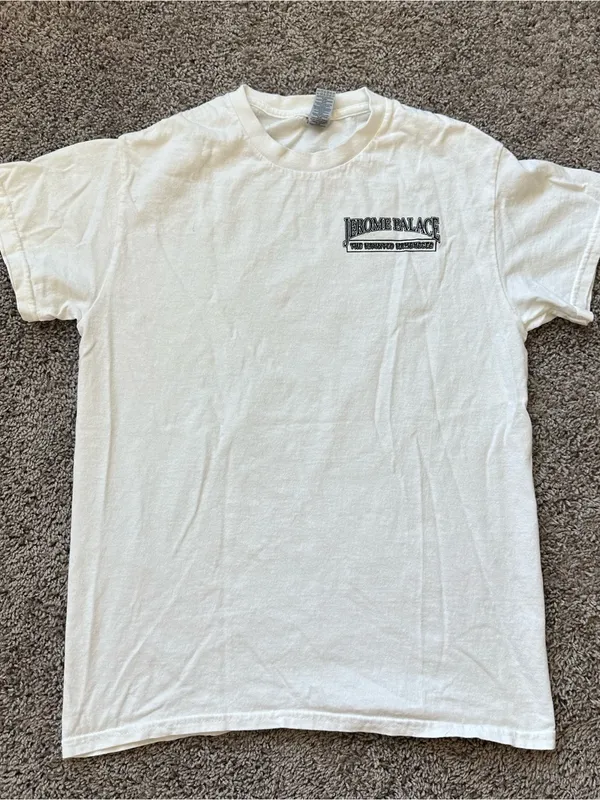 Gildan White Tee with Green and Blue Jerome Palace Haunted Hamburger Graphic - Image 2