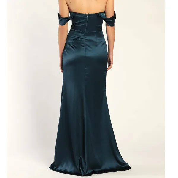 NEW Lulus Stunning Arrival Dark Teal Satin Off-the-Shoulder Maxi Gown Dress - Image 4