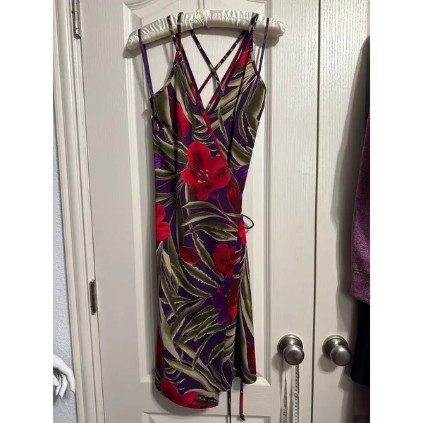 Vintage Express‎ Tropical Floral Wrap Mini Dress Y2K Resort Summer Hibiscus 5/6 - Image 3