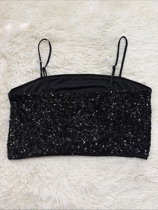 Express Black Sequin Cropped Cami - Image 2