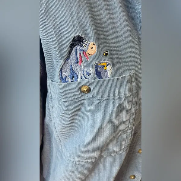 Vtg 90s Disney Winnie The Pooh Eeyore Blue Corduroy Button Up Shirt "Honey" - Image 4