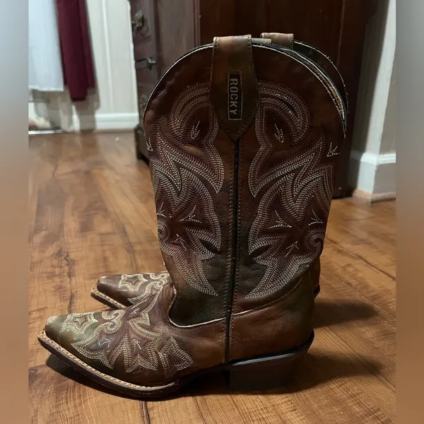 ROCKY HANDMADE Leather Western Cowgirl Boots-Brown Size 6 - Image 5