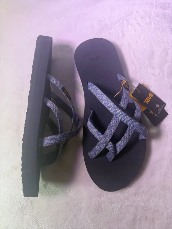 Teva Kids Navy Footbed Flip Flops with Blue Patterned Straps - Image 6