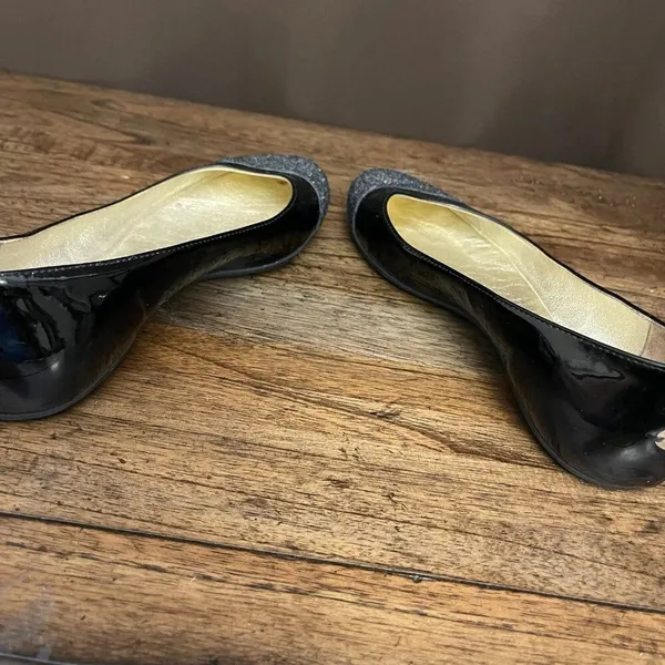 Jimmy Choo Black Patent Leather Silver Glitter Toe Ballet Flat Size 37.5 - Image 11