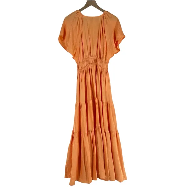 Young Fabulous & Broke Mara Dress Orange Plunging V-Neck‎ Satin Tiered Maxi M - Image 2
