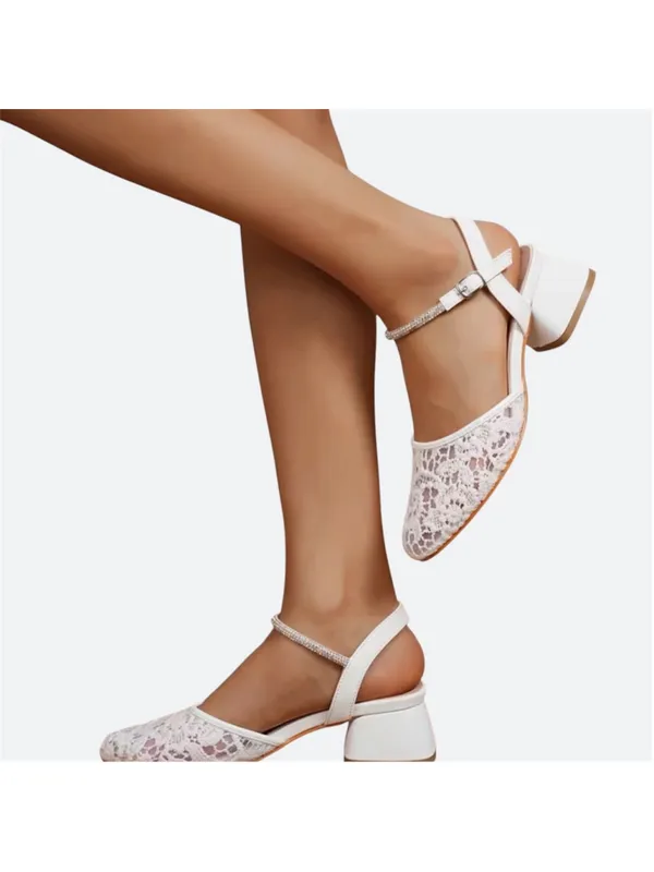 White Lace Low Block Heel Ankle Strap Wedding Shoe Sandals Size 40 - Image 10