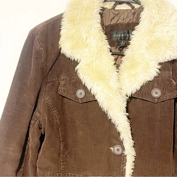 Braetan Chocolate‎ Brown Corduroy Faux Fur Lined Pea Button Front Coat Medium - Image 2