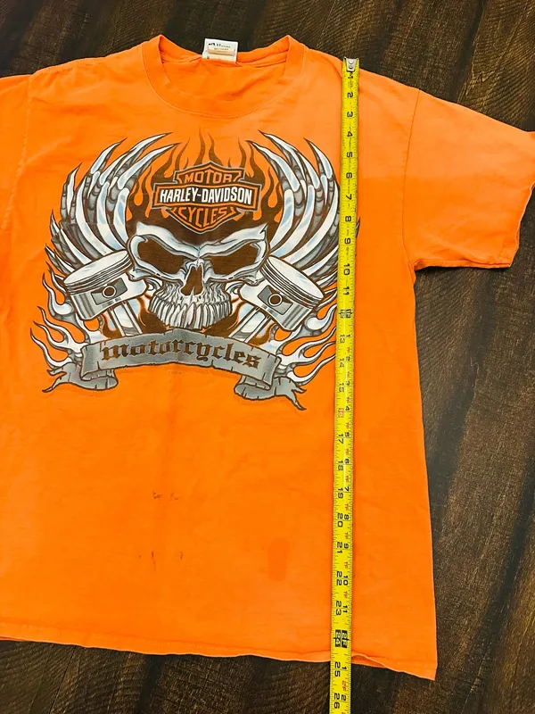 Harley Davidson Shirt Mens Medium Orange Short Sleeve Graphic Tee Biker Skull - Image 7
