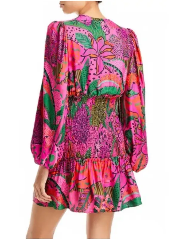 Farm Rio Boho Cool Leopards Mini Dress V-Neck Smocked Mini Dress Size Large - Image 6