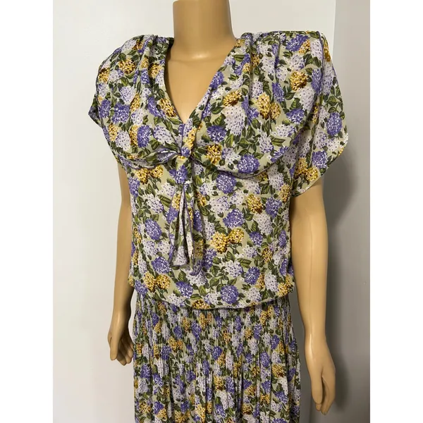 Leslie Fay Vintage Floral Pleated Midi Dress Purple Yellow Hydrangea Size 14 - Image 2