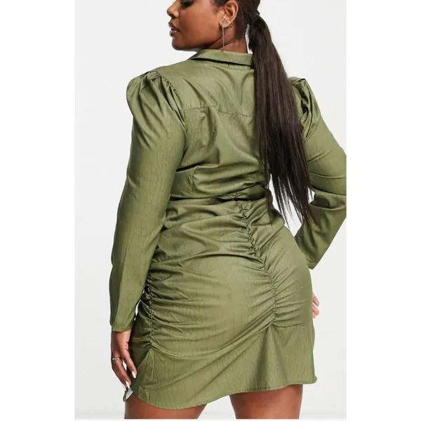 NWT Missguided Sexy Ruched Mini Dress Front Slit Stretchy Long Sleeve 14 Green - Image 5
