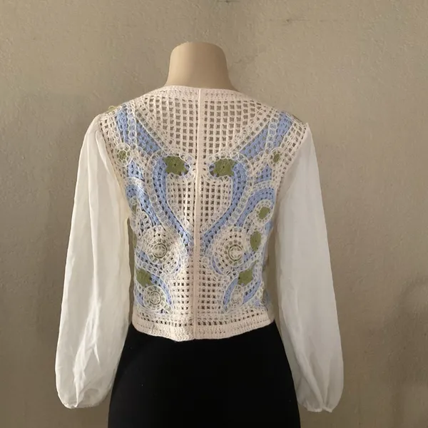 Mexican Crochet Floral Cardigan Women Size S Green Balloon Sleeve Boho NWOT - Image 2