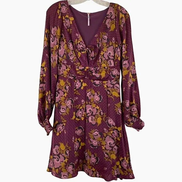 Free People $128 Morning Light Purple Plum Fall Floral V-Neck L/S Mini Dress 8 - Image 2
