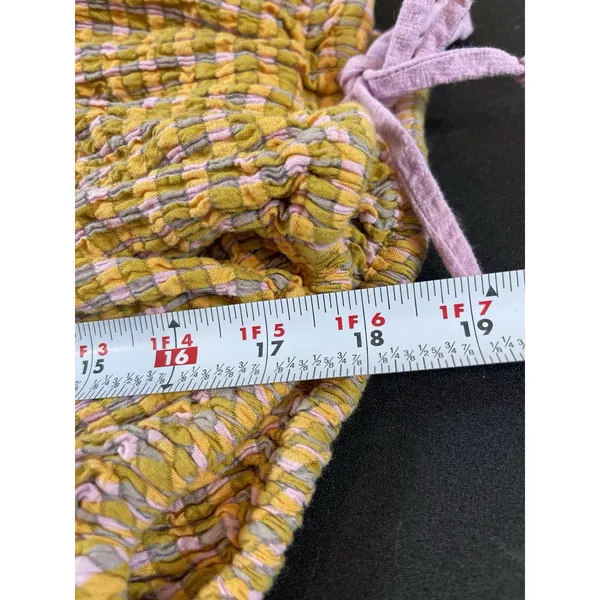 Free EST Free People Boho Mustard Plaid Blouse Peasant Top Balloon Sleeve Tie - Image 9