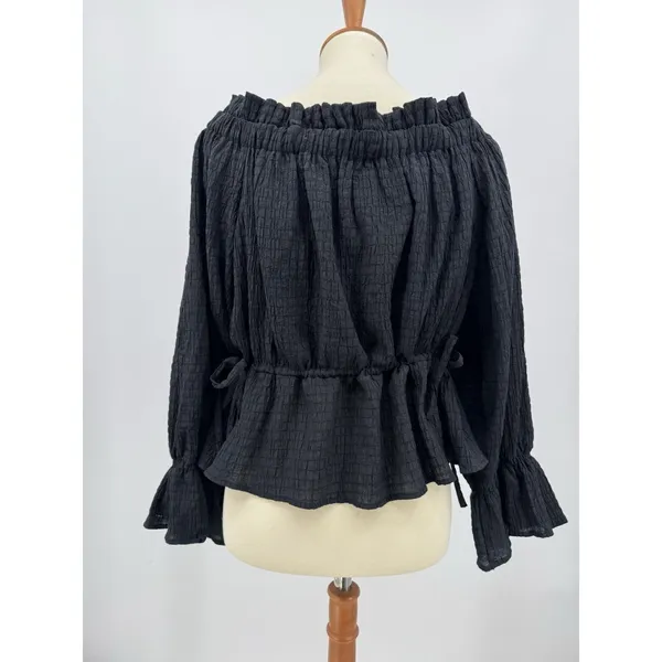 SCOOP Off Shoulder Peplum Blouse Black Tie Waist Long Ruffle Sleeve Casual Top L - Image 4