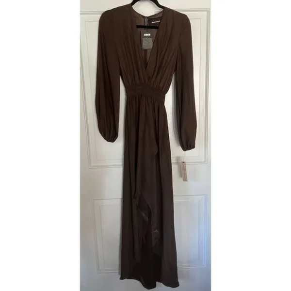 Reformation Rosalina Cocoa Brown‎ Silk Long Sleeve High Low V-Neck Maxi Dress Sm - Image 2