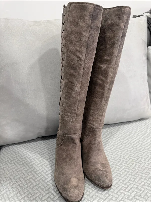 Fergalicious Taupe Suede Over-the-Knee Woven-Panel Boots Size 7.5 - Image 4