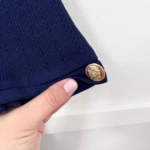 Zara Knit Navy Blue Mini Dress with Gold Buttons L 90s Minimalist Quiet Luxury - Image 9