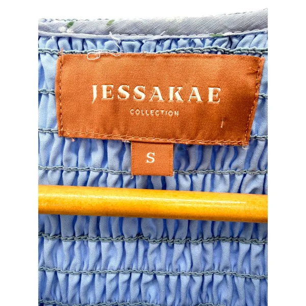 JessaKae Light Blue Smocked Puff‎ Sleeve Floral Swiss Dot Midi Dress Small - Image 4