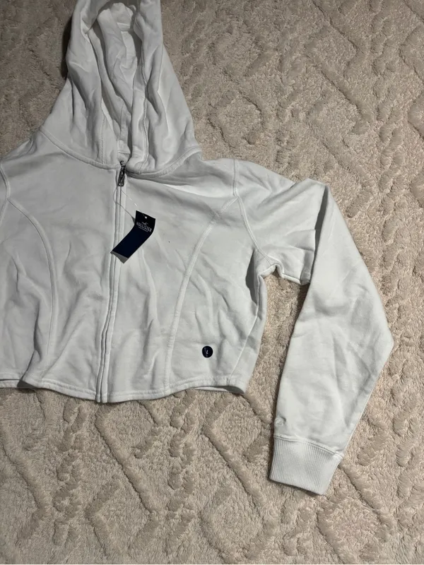 Hollister white cropped zipped hoodie large NWT - Image 3