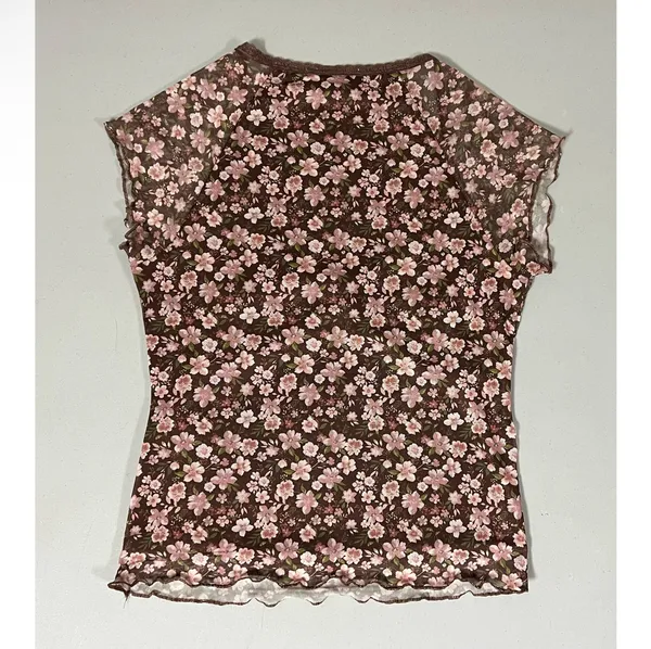 Brown Pink Floral Lace Bow Short Sleeve Tee T-Shirt Top Blouse Size M 🌸✨l - Image 3