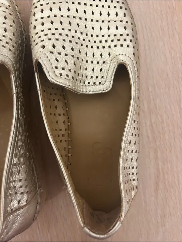 Franco Sarto Perforated Metallic Slip-On Loafers in Champagne - Image 3