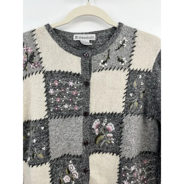 Dress Barn Women's Cardigan Sweater Patchwork Floral Silk Cottagecore L Grey - Image 5