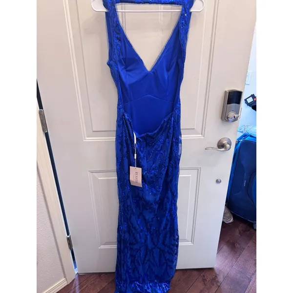 Ryanth Royal Blue Sequin‎ Open Back Maxi Dress V-Neck Slit Size 6 NWT - Image 4