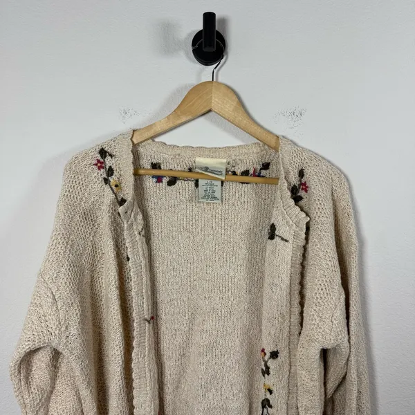 VINTAGE Cottage Essentials Women’s Chunky Knit Floral Cardigan Beige Multi L - Image 4