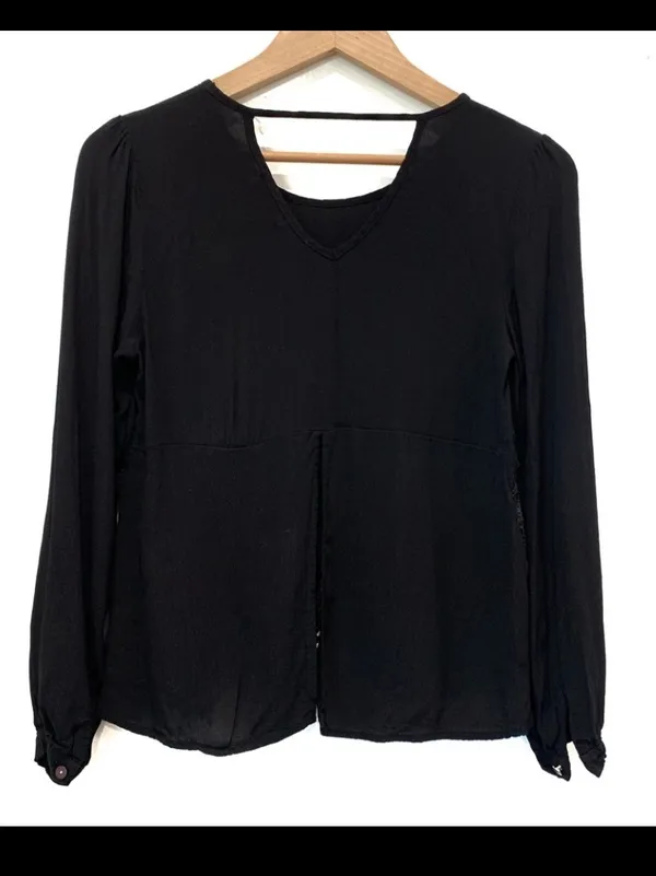 Anthropologie Monteau Black Long Sleeve Lace-Trim Blouse Top - Image 2