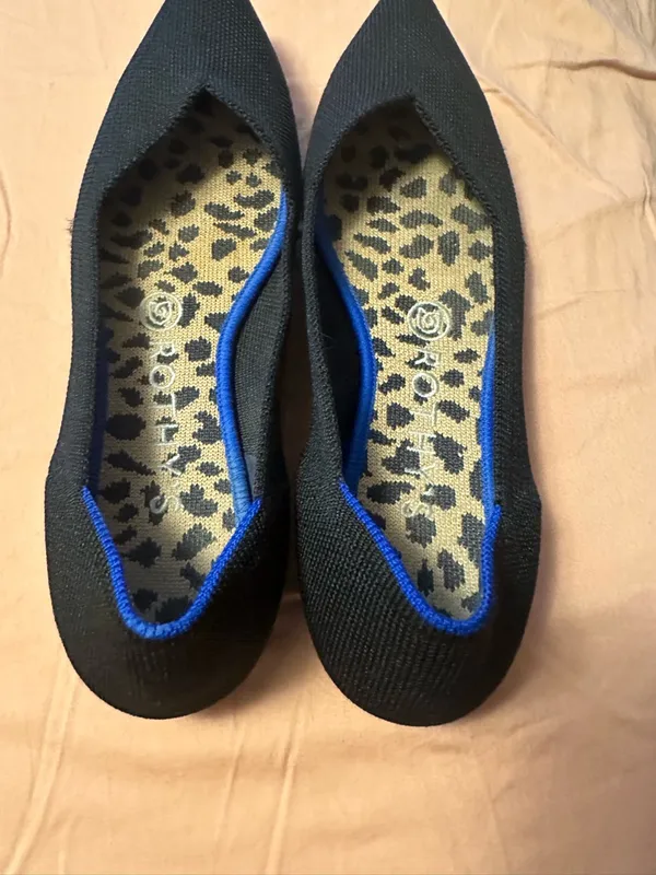 Rothy's Black Pointed Knit Flats with Blue Trim and Leopard Insole - Image 3