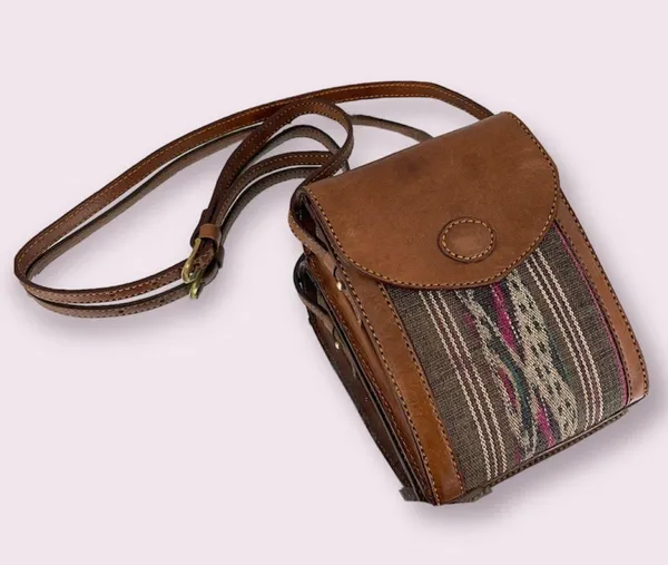 Vintage Southwestern Light Brown Faux Leather Tapestry Panel Crossbody Bag Purse - Image 2