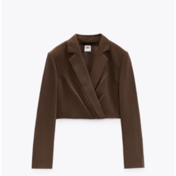 Zara Brown Cropped Wrap Blazer Jacket Notched Lapel‎ Long Sleeve Modern Chic - Image 4