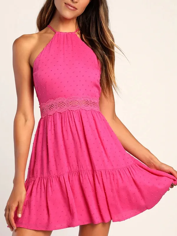 LULUS So Dainty Hot Pink Swiss Dot Halter Neck Lace Mini Dress - Image 2