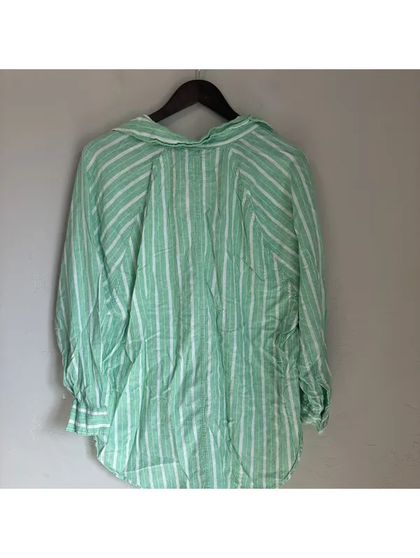 Aerie Green White Striped Linen Blend Button Down Shirt Oversized Medium - Image 5