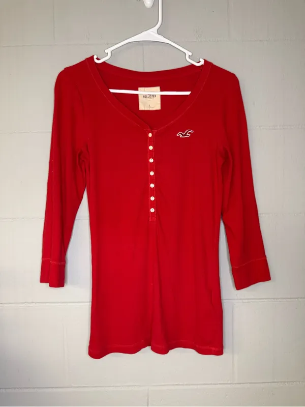 Y2K Hollister Red Long Sleeve Henley Top Embroidered Logo Women’s Size Large - Image 2