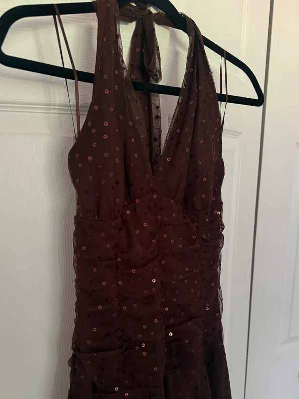 Vintage Y2K Necessary Objects Brown Sequin Halter Tulle Mini Dress Size Small - Image 3